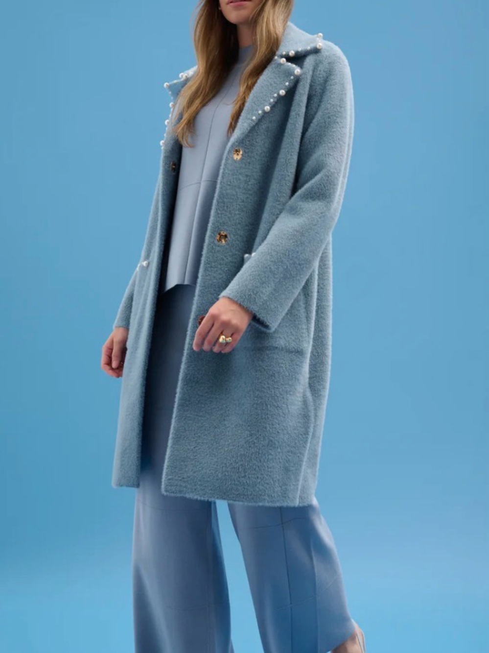 Joseph Ribkoff Feather Yarn Pearl Sweater Coat Chambray Blue NWT Size XS 261997